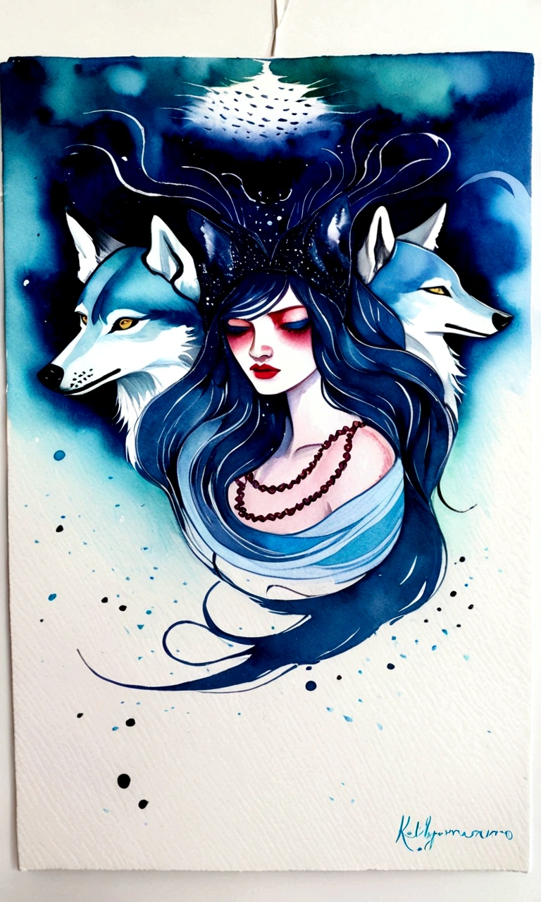 painting of a woman with a wolf in her hair, inspired by Kelly McKernan, watercolor detailed art, ink and watercolor illustration, by Kelly McKernan, detailed watercolor painting, ink and watercolors, watercolor ink illustration, inky illustration, fantasy watercolor, fantasy water color, ink and watercolor, watercolor illustration, watercolor and ink, ink artwork, detailed watercolour