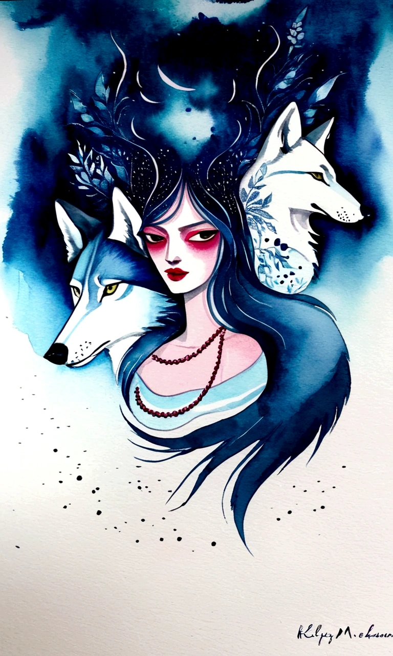 painting of a woman with a wolf in her hair, inspired by Kelly McKernan, watercolor detailed art, ink and watercolor illustration, by Kelly McKernan, detailed watercolor painting, ink and watercolors, watercolor ink illustration, inky illustration, fantasy watercolor, fantasy water color, ink and watercolor, watercolor illustration, watercolor and ink, ink artwork, detailed watercolour