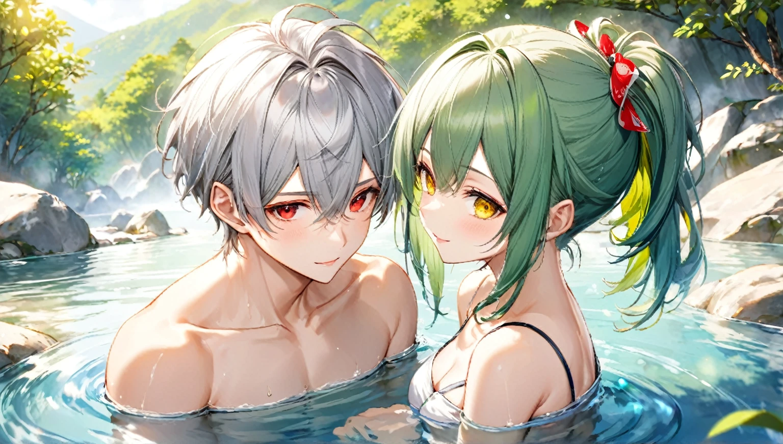 (relax bathing style) (a 16 yo, crew cut silver hair very short hair divine fighter boy, cool red eyes) and (a 15 yo, green ponytail hair long hair cute girl, cute yellow eyes, love smile, medium tits), break,  (in the very large natural hot spring, background nature), BREAK, perfect anatomy, masterpiece, best quality, 16k, beautiful detailed grow, daydreaming expression.