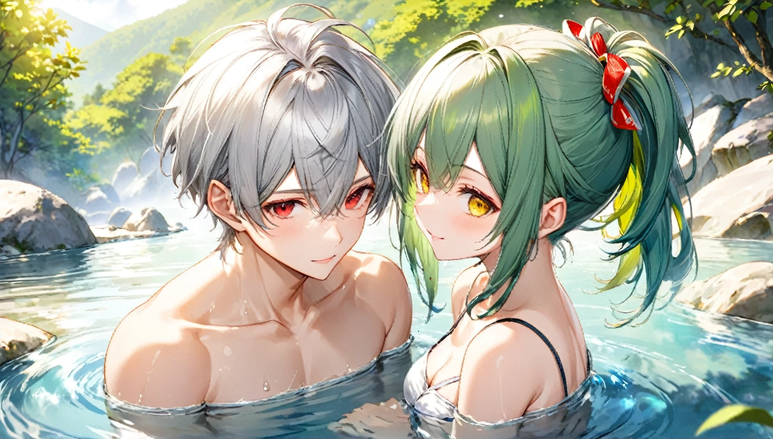 (relax bathing style) (a  yo, crew cut silver hair very short hair divine fighter boy, cool red eyes) and (a 15o, green ponytail hair long hair cute girl, cute yellow eyes, love smile, medium tits), break,  (in the very large natural hot spring, background nature), BREAK, perfect anatomy, masterpiece, best quality, 16k, beautiful detailed grow, daydreaming expression.