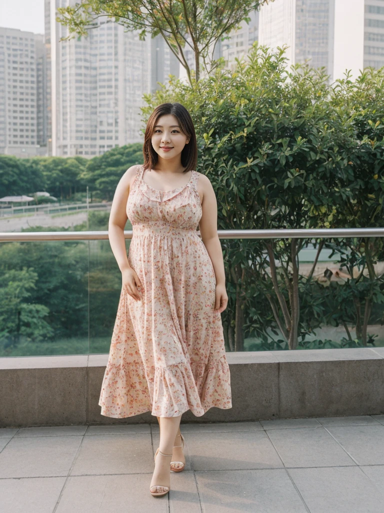 Sandara Park, her name is Akira, high quality, 1girl, ((25-year-old chubby asian woman)), ((25 years old)), (((curvy body))), SHORT BOB, pose: standing, wearing stylish fashionable sundress Generation-Z modern wear different colored, adorable, cute BACKGROUND: city