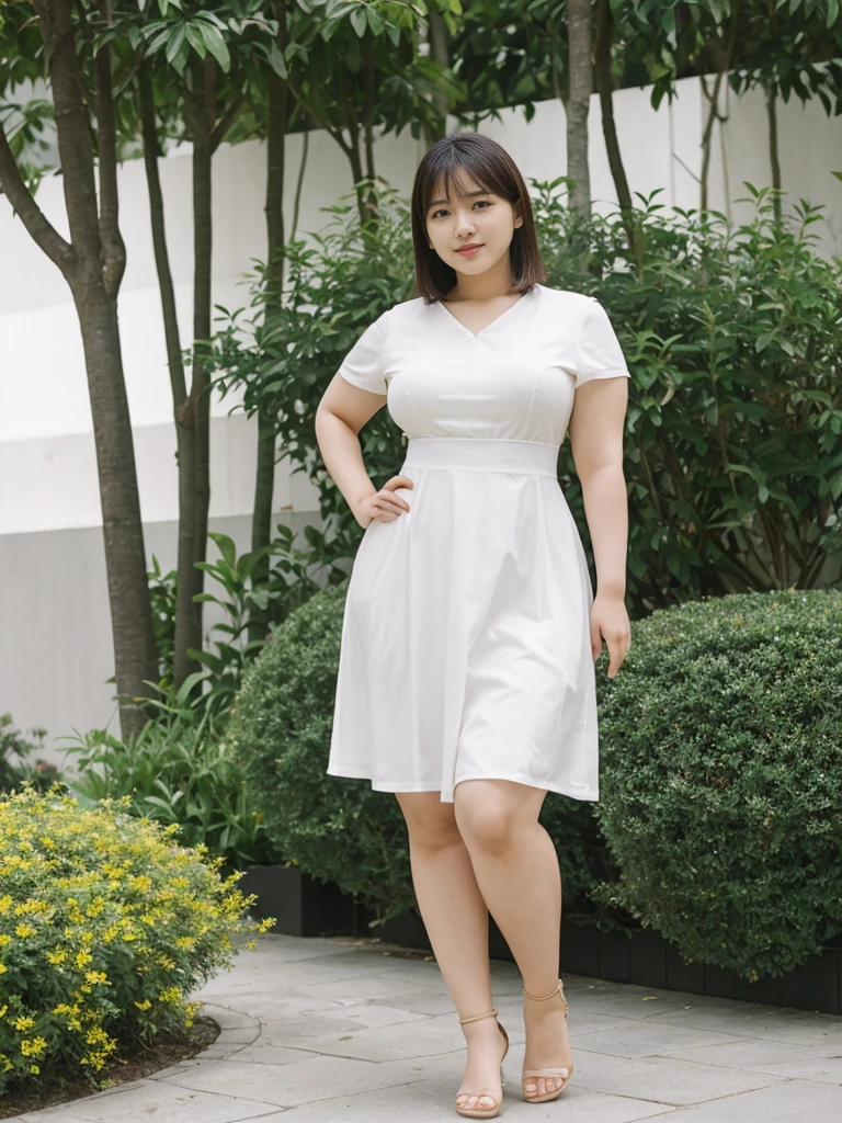 Sandara Park, her name is Akira, high quality, 1girl, ((25-year-old chubby asian woman)), ((25 years old)), (((curvy body))), SHORT BOB, pose: standing, wearing stylish fashionable sundress Generation-Z modern wear different colored, adorable, cute BACKGROUND: city