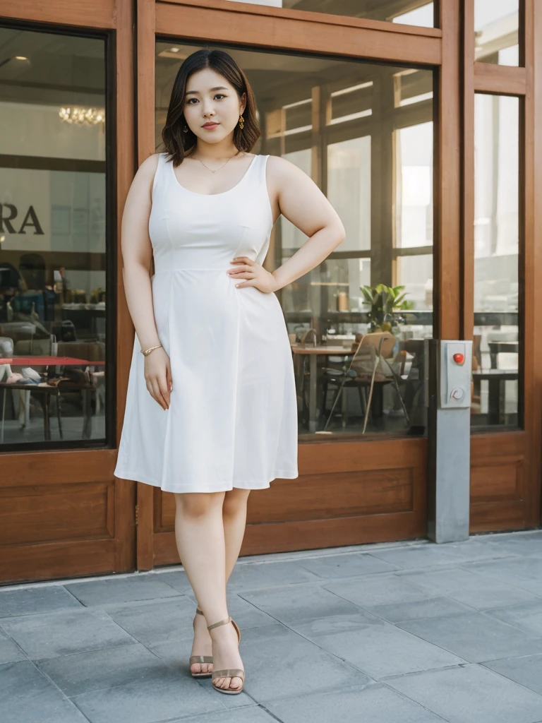 Sandara Park, her name is Akira, high quality, 1girl, ((25-year-old chubby asian woman)), ((25 years old)), (((curvy body))), SHORT BOB, pose: standing, wearing stylish fashionable sundress Generation-Z modern wear different colored, adorable, cute BACKGROUND: city