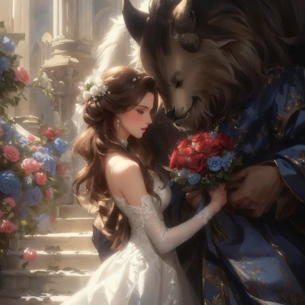 beauty and beast, Illustration of a woman wearing a white dress and holding a bouquet of flowers, Magalie Villeneuve', Disney style art, Beauty and the Beast, Magalie Villeneuve와 모네, Romantic art style, 그래픽 아티스트 magali villeneuve, Magalie Villeneuve(magali villeneuve), love concept art, Disney Art, Art by Wlop and Greg Rutkowski