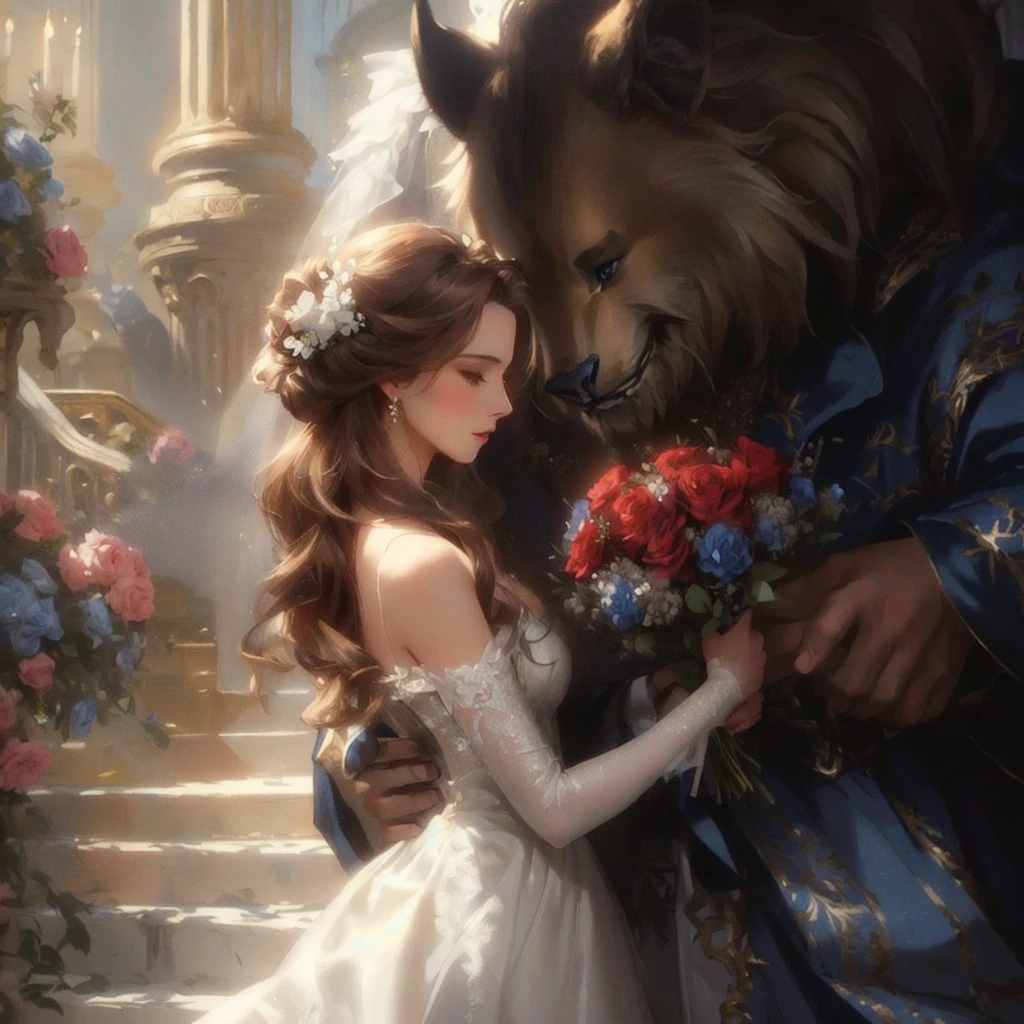 beauty and beast, Illustration of a woman wearing a white dress and holding a bouquet of flowers, Magalie Villeneuve', Disney style art, Beauty and the Beast, Magalie Villeneuve와 모네, Romantic art style, 그래픽 아티스트 magali villeneuve, Magalie Villeneuve(magali villeneuve), love concept art, Disney Art, Art by Wlop and Greg Rutkowski