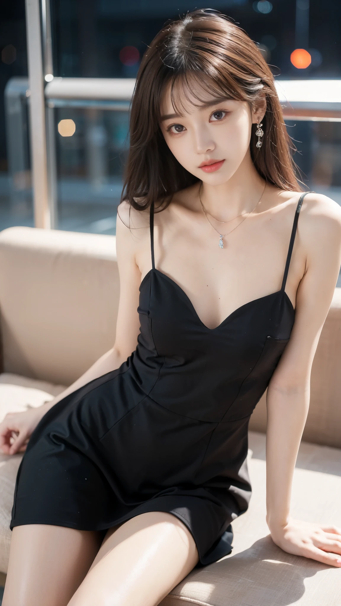 tennis dress, ((whole body)), ((Shot from random angles)), ((Sitting)), (yushuxin,1 Girl,Solitary), Clear face, Pretty Face, 8K, masterpiece, original photo, best quality, detail:1.2,lifelike, detail, Very detailed, CG, Unite, wallpaper, Depth of Field, Movie Lighting, lens flare, Ray Tracing, (Extremely beautiful face, Beautiful lips, beautiful eyes), complex, detail的脸, ((ultra detailed skin)), 1 girl, in the darkness, Deep Shadows, Beautiful Korean girl, Korean Idol,(Very slim figure:1.3), Full breasts, Large Breasts, Slender sexy legs, Very beautiful legs, Elegant Posture, (A bright smile), (City night, (Neon), (night), Beautiful Korean girl, White Diamond Earrings, Bracelet diameter, Deya Necklace, Clear eyes, (big eyes)