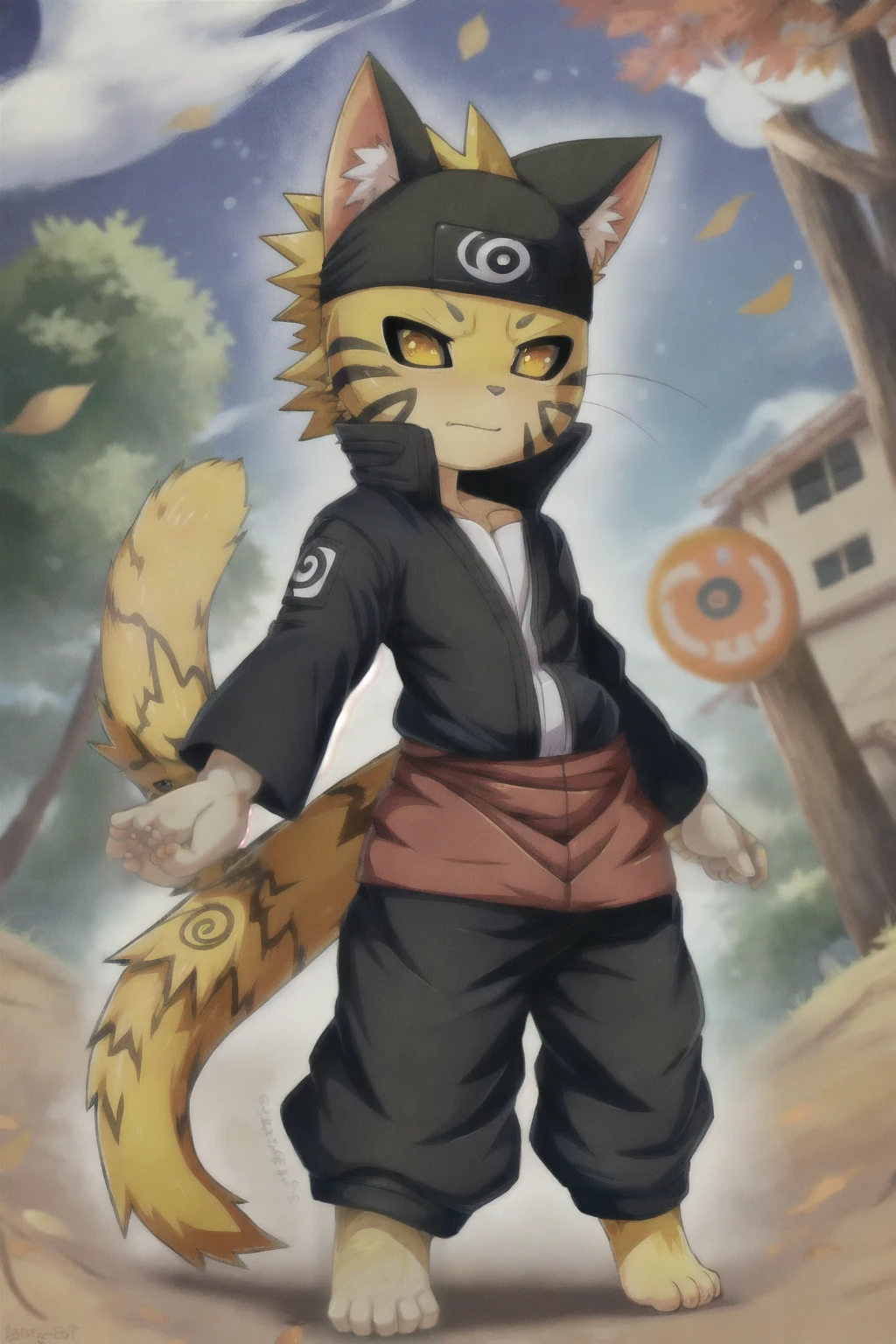 a cat warrior character, cat ears, furry, (full body:1.2) , chibi, advanced digital chibi art, g liulian art style, maplestory mouse, bian lian, chibi art, league of legends art style, character art of maple story, ((view at the viewer)), (((Naruto Uzumaki costume)))