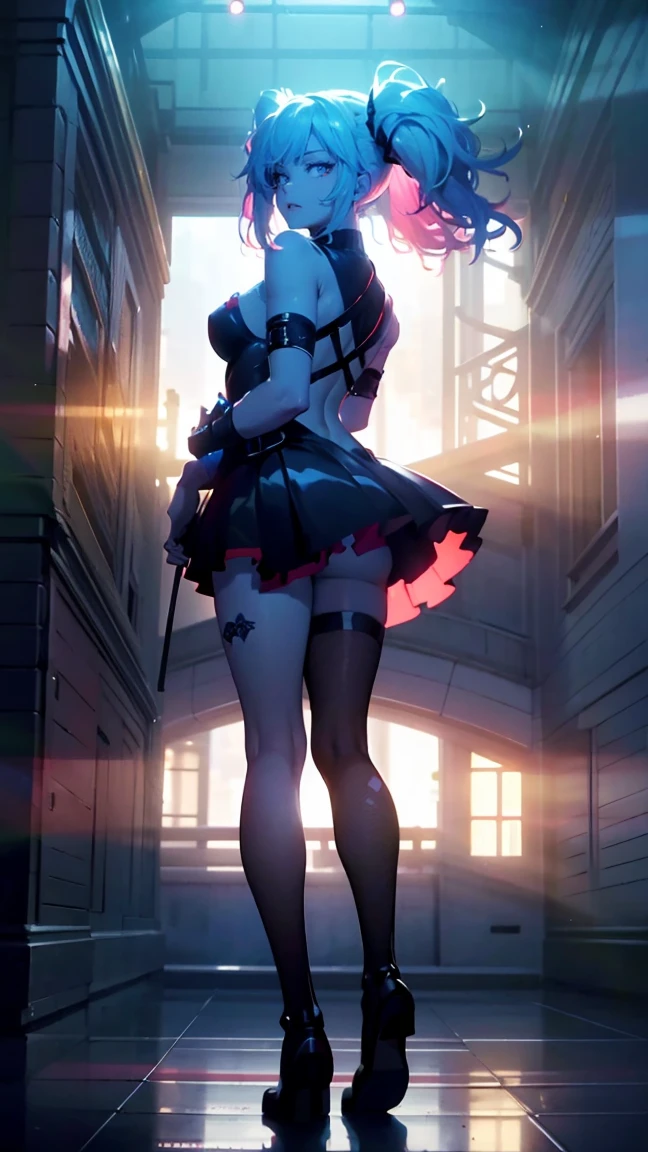 masterpiece, Best quality, Super detailed, illustration, beautiful detailed eyes, ((distant view, wide angle 1.31)), On the outside, young woman, Harley Quinn, intricate design, complex shaped lace tights, two hair tails (blue and red tail), sexual, Face to face, split, full length (full body 1.1.), very feminine, fighting stance, (masterpiece), magic photography, Spectacular lighting, Photorealism, ultra detailed, intimate portrait composition, 1. 4,8 k UHD, aesthetic, Cd., A high resolution, 8 k, better lighting, Best shade, Ultra-HD, A high resolution, sharp focus, Complex background, Cinematic lighting, ((Landscape view)), 4K block, (better lighting), ((Cinematic lighting)),