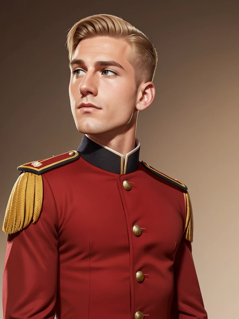 Guard Captain Jezal is a handsome young man in the red uniform of a guardsman. 23 years old, blond. He thinks he is handsome. He was often told that his chin was the best feature of his appearance, although he believed that the rest were just as good. Jezal has a majestic chin: Not too heavy, Not too rough, but not too thin, with a slight dimple. He shaves off the blond hair on his chin. He has smooth facial skin and full lips. A young narcissistic aristocrat. A talented swordsman.