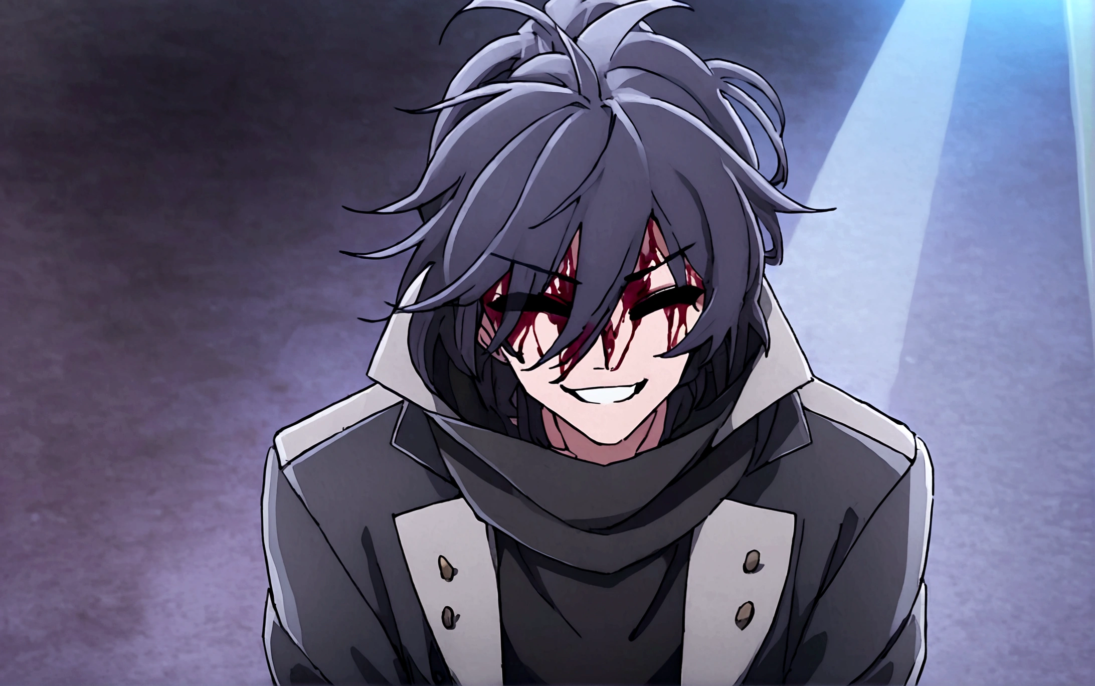 Anime man, psychopathic smile, blood stain on black trenchcoat clothing, black pants, black mega long scarf, black messy hair, hairbun, black blank eyes which seem enpty