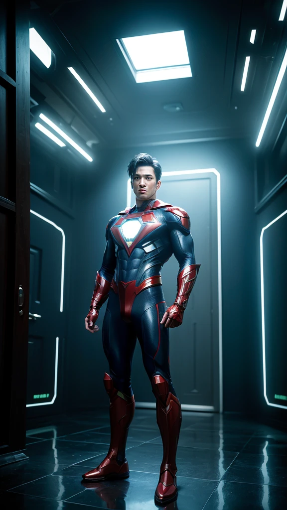 ((masterpiece)), ((best quality)), NVIDIA RTX, intricate details, cinematic lights, reflection lights details, Chris evan as futuristic Superman, full body