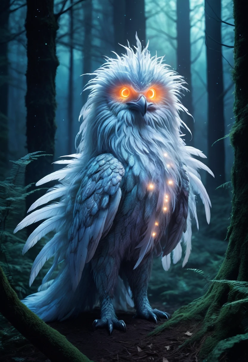 A mythical cryptid from urban legends. It has glowing eyes in a dark forest, a body covered in fluffy feathers, and a long tail. It exudes an ethereal, fairy-like aura, surrounded by mysterious glowing particles