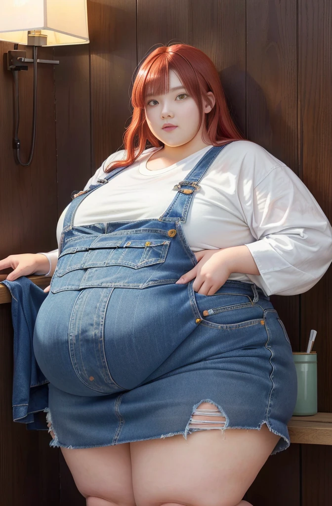 Makima from the anime "Chainsaw Man", bbwchan, whole body, beautiful and ultra detailed. ssbbw, morbid obesity, Red hair, yellow eyes, oily face, ultra detailed and soft face. Flowing white shirt, belly out, denim skirt, dynamic pose, Sun, 