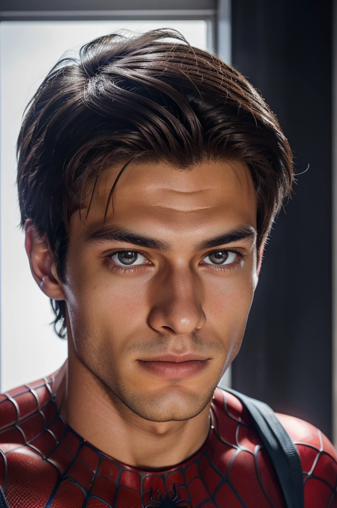 A photograph of spider man, no mask, 20 yo, handsome, detailed face, looking at camera, portrait, 8k uhd, high quality