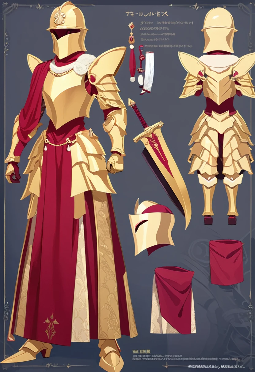 man, red long robe, golden scale armor, gold bowler helmet with openings for eyes and face, red fabric mask, curved one-handed sword, bumper design, stands tall, concept art