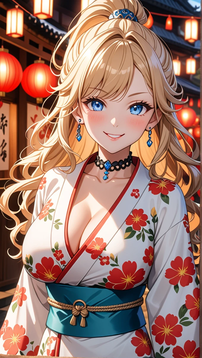 ((one girl)), hyper detailed, absurdres, 8K,Cute face, Beautiful Face, ((Doing sexy poses:1.2)), ((teasing smile:1.8)), ((Wink:1.8)), (Laugh with your mouth wide open),(Tilt your head:1.3), View your viewers, ((Bright red cheeks:1.6)),Glossy Red Lips, ((Big Breasts:1.4)) night, Shrine festival stalls, (Brighten your face), ((Anime style background)),masterpiece, Highest quality, so beautiful,Latest, Complex details, (Pink long nails), (nail art), (ring),(bracelet), (helix piercing:1.7), (Floral Choker),AI-generated, Complex,High resolution, Highest quality, super high quality,3D Images、3D Images,One person,Blonde long hair,(High Ponytail), (Wavy Hair), Anime woman posing for a photo, ((Fine grain、blue eyes、Shining Eyes:1.4)), (Squint your eyes:1.1),a hyperRealistic , hyperRealistic , Realistic,Long blonde anime woman, Smooth anime CG art, Pink large floral patternの刺繍が入った、A girl in a gorgeous kimono, ((White long-sleeved kimono)),(Pink large floral pattern) ,Long flower hair ornament,Floral Earrings, (black high heel sandals), Mature Body, expensive,Abdominal muscles,Tight waist,((full body:1.2)), (front view),