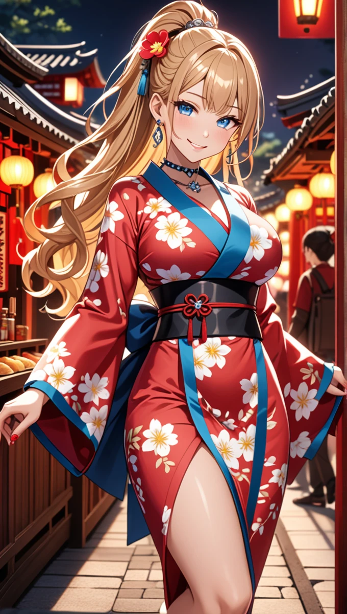((one girl)), hyper detailed, absurdres, 8K,Cute face, Beautiful Face, ((Doing sexy poses:1.2)), ((teasing smile:1.8)), ((Wink:1.8)), (Laugh with your mouth wide open),(Tilt your head:1.3), View your viewers, ((Bright red cheeks:1.6)),Glossy Red Lips, ((Big Breasts:1.4)) night, Shrine festival stalls, (Brighten your face), ((Anime style background)),masterpiece, Highest quality, so beautiful,Latest, Complex details, (Pink long nails), (nail art), (ring),(bracelet), (helix piercing:1.7), (Floral Choker),AI-generated, Complex,High resolution, Highest quality, super high quality,3D Images、3D Images,One person,Blonde long hair,(High Ponytail), (Wavy Hair), Anime woman posing for a photo, ((Fine grain、blue eyes、Shining Eyes:1.4)), (Squint your eyes:1.1),a hyperRealistic , hyperRealistic , Realistic,Long blonde anime woman, Smooth anime CG art, Pink large floral patternの刺繍が入った、A girl in a gorgeous kimono, ((White long-sleeved kimono)),(Pink large floral pattern) ,Long flower hair ornament,Floral Earrings, (black high heel sandals), Mature Body, expensive,Abdominal muscles,Tight waist,((full body:1.2)), (front view),