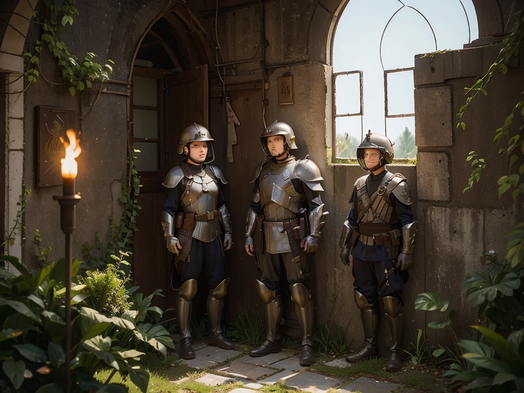 Mainly adopt，There are soldiers in armor，Standing by the wall with windows， torch