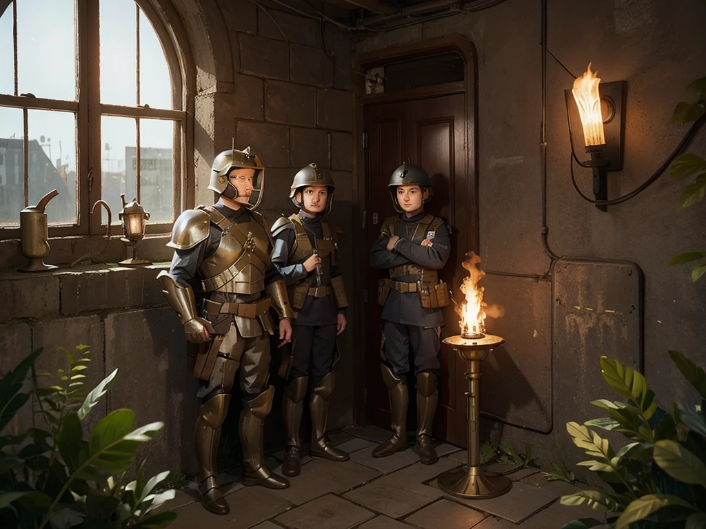 Mainly adopt,There are soldiers in armor,Standing by the wall with windows, torch