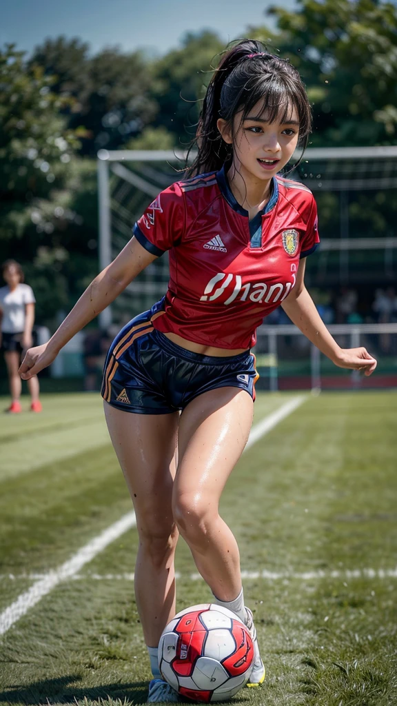 Highest quality, High resolution:1.2, Very detailed, Realistic:1.3, ((Beautiful indian woman))、((Super tight uniform))、((Super big breasts))、(The abdomen is visible)、Vibrant colors, play soccer,((Blunt bangs))、Various Hair Styles、Different hair colors、With bangs、Wet Hair, concentrate, splash, Action Shots, Grass blotches, Muddy ground, Wet turf, decide, Fast-paced games, Athletic physique, Shiny soccer ball, Wet Uniform, raindrop, Blurred motion, ボールにconcentrateする, Intense competition, Skillful dribbling, Energetic play, Teamwork, powerful shoots, Wet pitch, Passionate sports, Fierce decide, Humid atmosphere, Fluid movement, emotional expression、Dramatic lighting, Women's Sports, Avid athletes, Exciting Games, Endure, Excited state, Speed and agility, Energetic play, 濡れたsplash、smile、Red Uniform,cleavage 