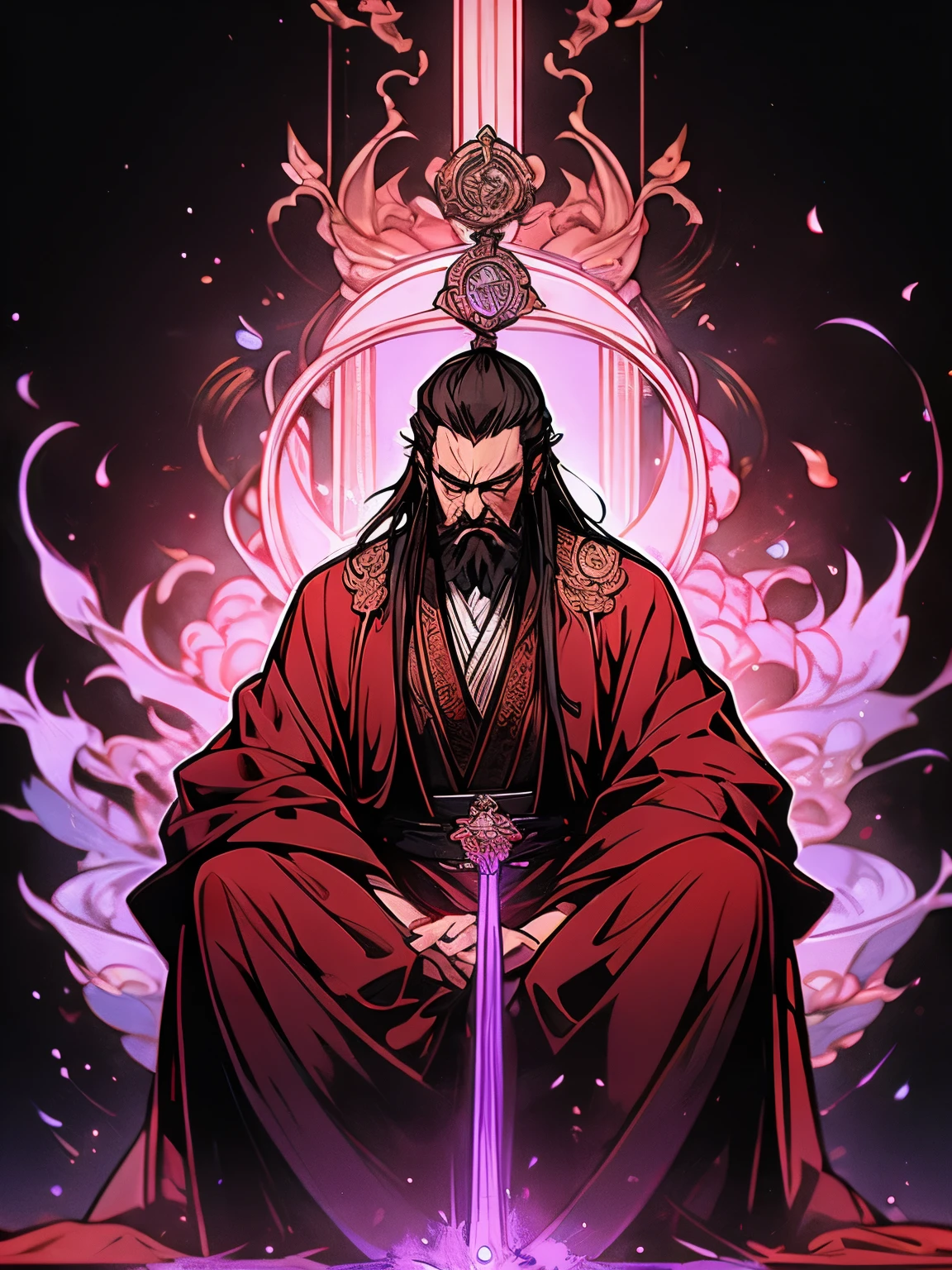 Immortal Cultivation,Black-haired old man,Red robe,Meditate cross-legged,front,There is a purple effect behind,whole body,black background