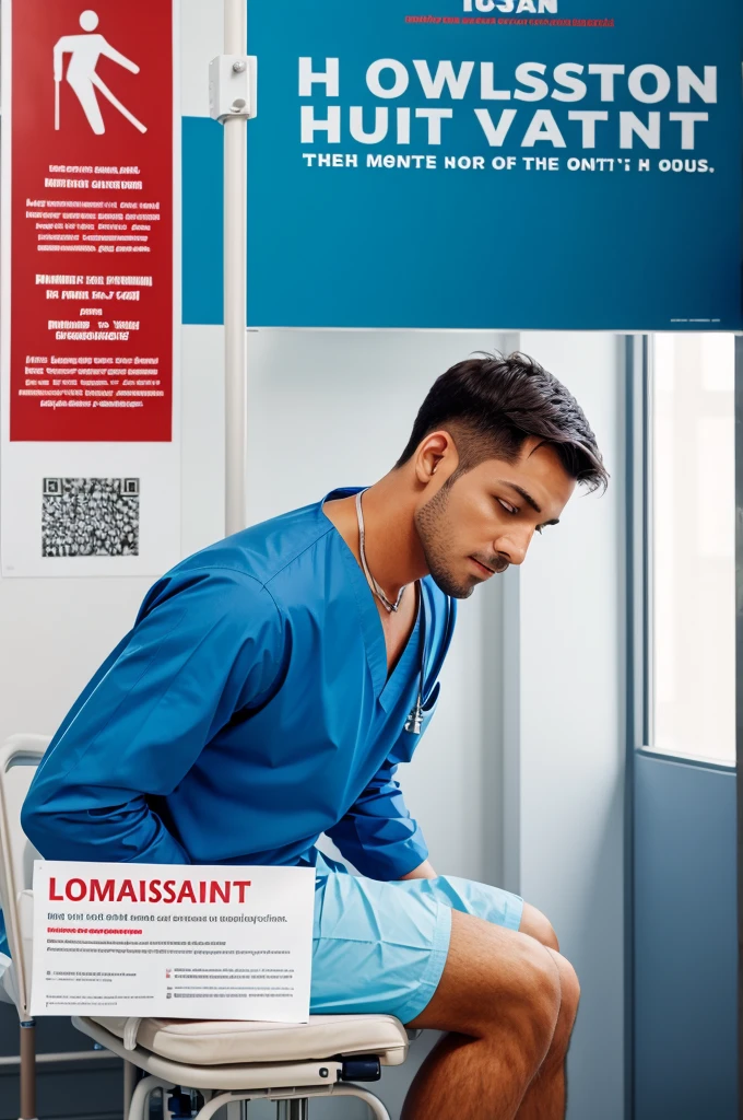 Low back pian on male patient and poster for hospitals