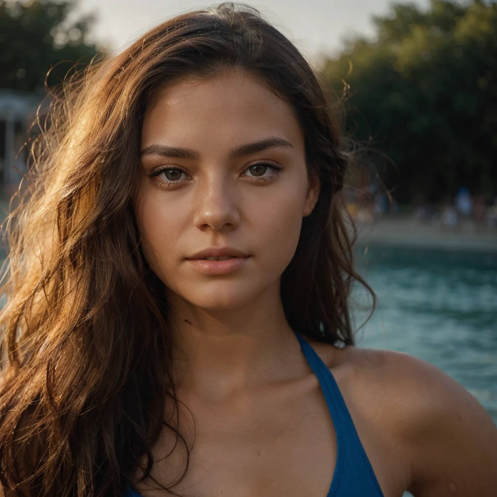 A photorealistic portrait of a 21-year-old sexy girl with long, dark hair and dark eyes. She should have a natural, approachable expression and be illuminated by soft, golden-hour sunlight. The background should be a scenic outdoor setting, perhaps a sunlit park or beach en maillot de bain. Capture this image with a high-resolution photograph using an 85mm lens for a flattering perspective