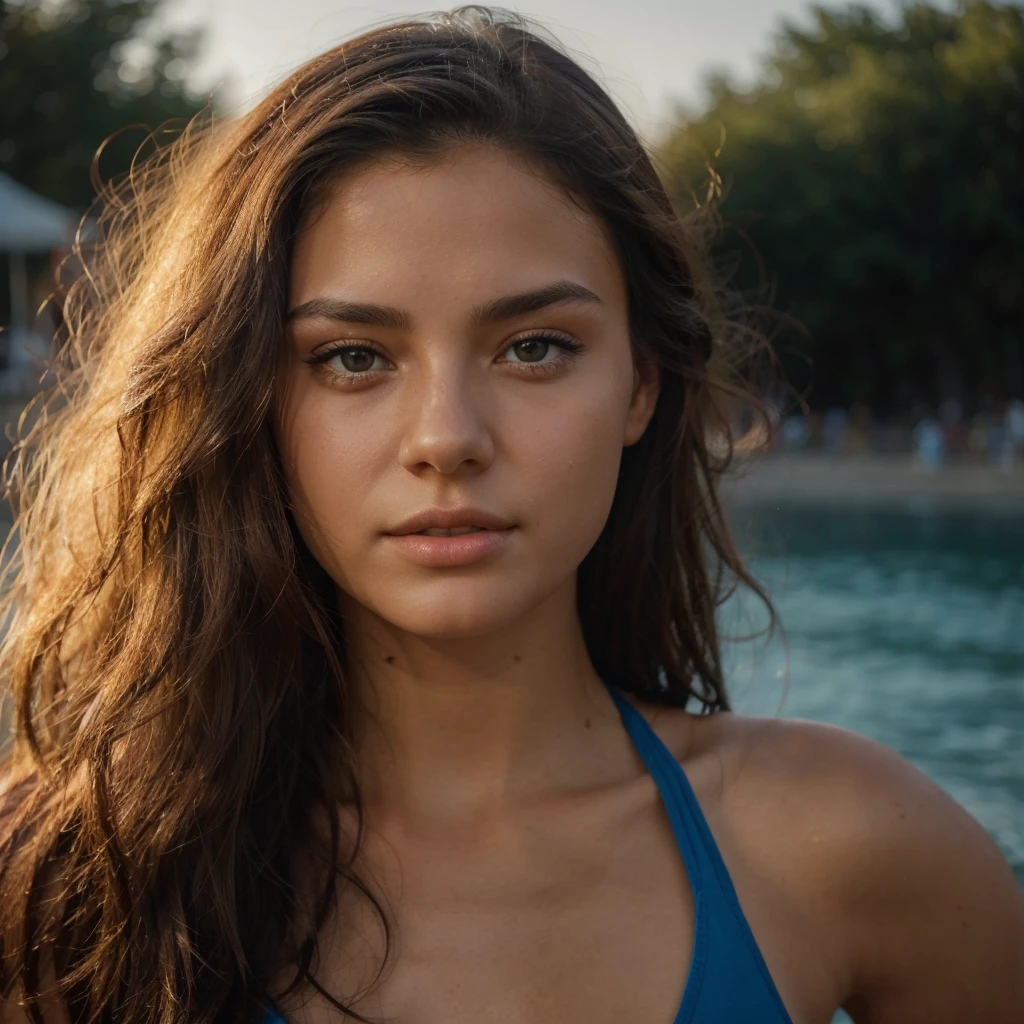 A photorealistic portrait of a 21-year-old sexy  girl with long, dark hair and  dark eyes. She should have a natural, approachable expression and be illuminated by soft, golden-hour sunlight. The background should be a scenic outdoor setting, perhaps a sunlit park or beach en maillot de bain. Capture this image with a high-resolution photograph using an 85mm lens for a flattering perspective
