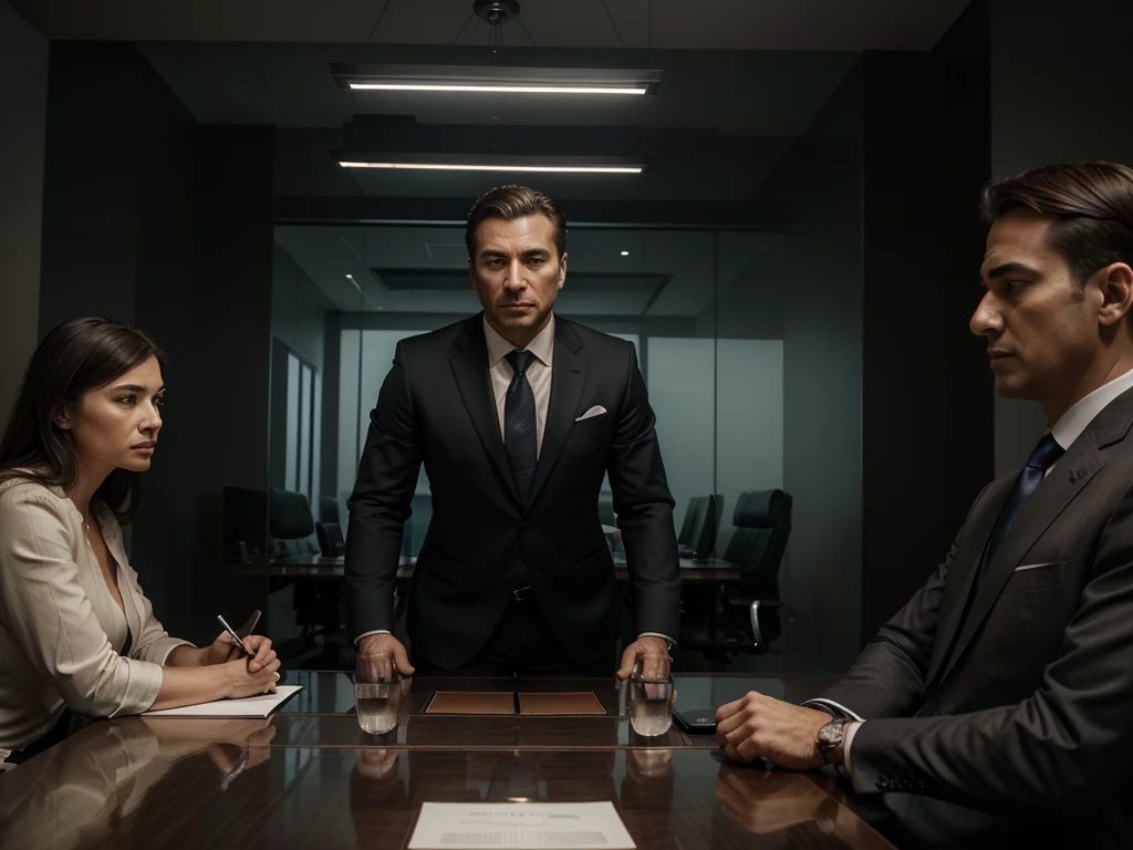 a businessman meeting, formal business attire, professional environment, negotiation, corporate office, detailed facial features, high quality, photorealistic, 8k, detailed lighting, cinematic composition, dramatic lighting, muted color palette, elegant ambiance, corporate boardroom, negotiating contract, intense discussion, thoughtful expressions, subtle gestures, serious mood, hyper detailed, masterpiece