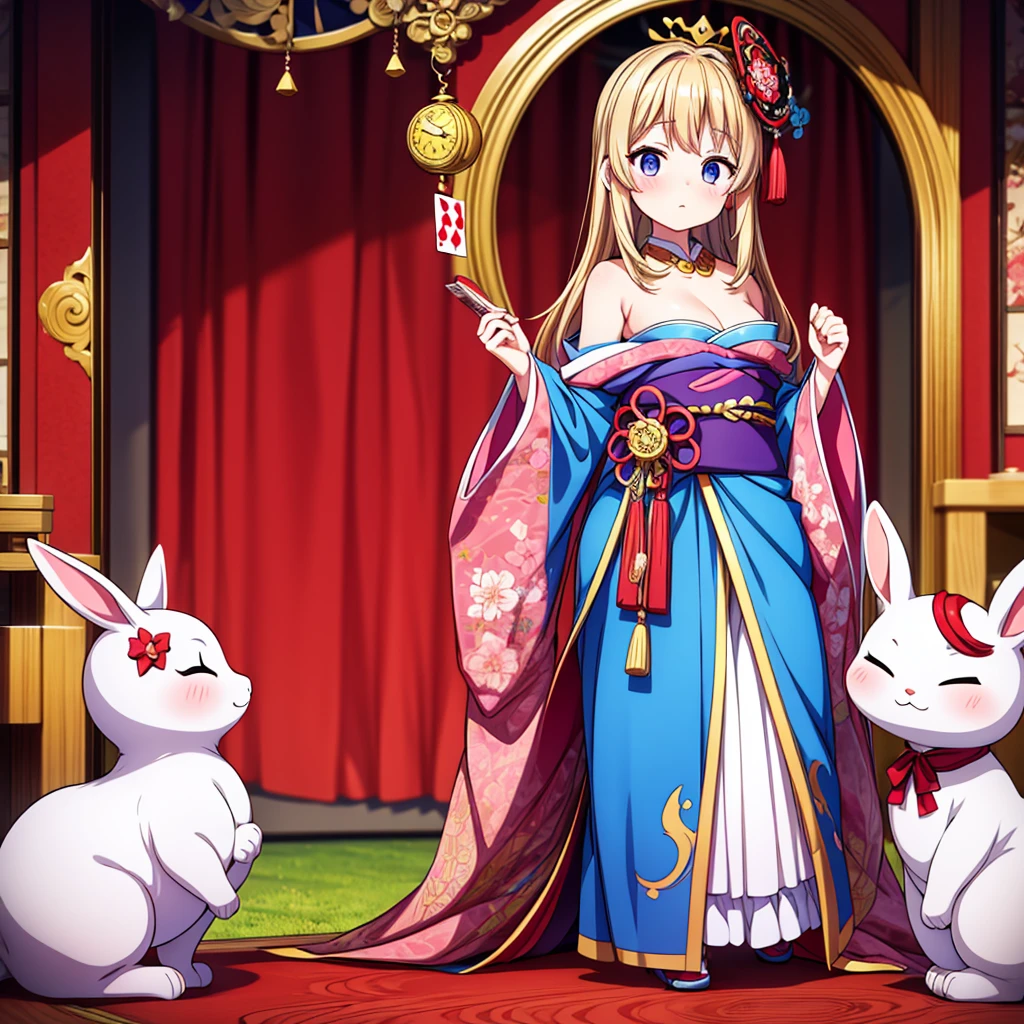 Alice from Wonderland in a cute anime style, with long flowing dark blonde hair, standing confidently in front of a fantastical, whimsical background reminiscent of Wonderland. She is wearing an enchanting kimono reminiscent of a Japanese oiran or geisha, with intricate patterns and vibrant colors, primarily in dark shades of cherry blossom pink, giving her an elegant yet demure appearance. Her outfit is elegant and traditional, emphasizing her feminine curves, particularly her chest and wide hips. Alice's pose should be reminiscent of a traditional oiran, exuding grace and allure, with a touch of modesty. Her companion is an adorable white rabbit dressed in a tuxedo, acting as a guide and jumping around playfully. The background should be richly detailed, with elements such as playing cards, chess pieces, round mirrors, and pocket watches to enhance the Wonderland atmosphere. The image should have an extremely high level of detail and delicate line work, surpassing previous limits to create the ultimate masterpiece, portraying Alice as a cool, stylish character with a unique blend of traditional Japanese beauty and fantasy elements.