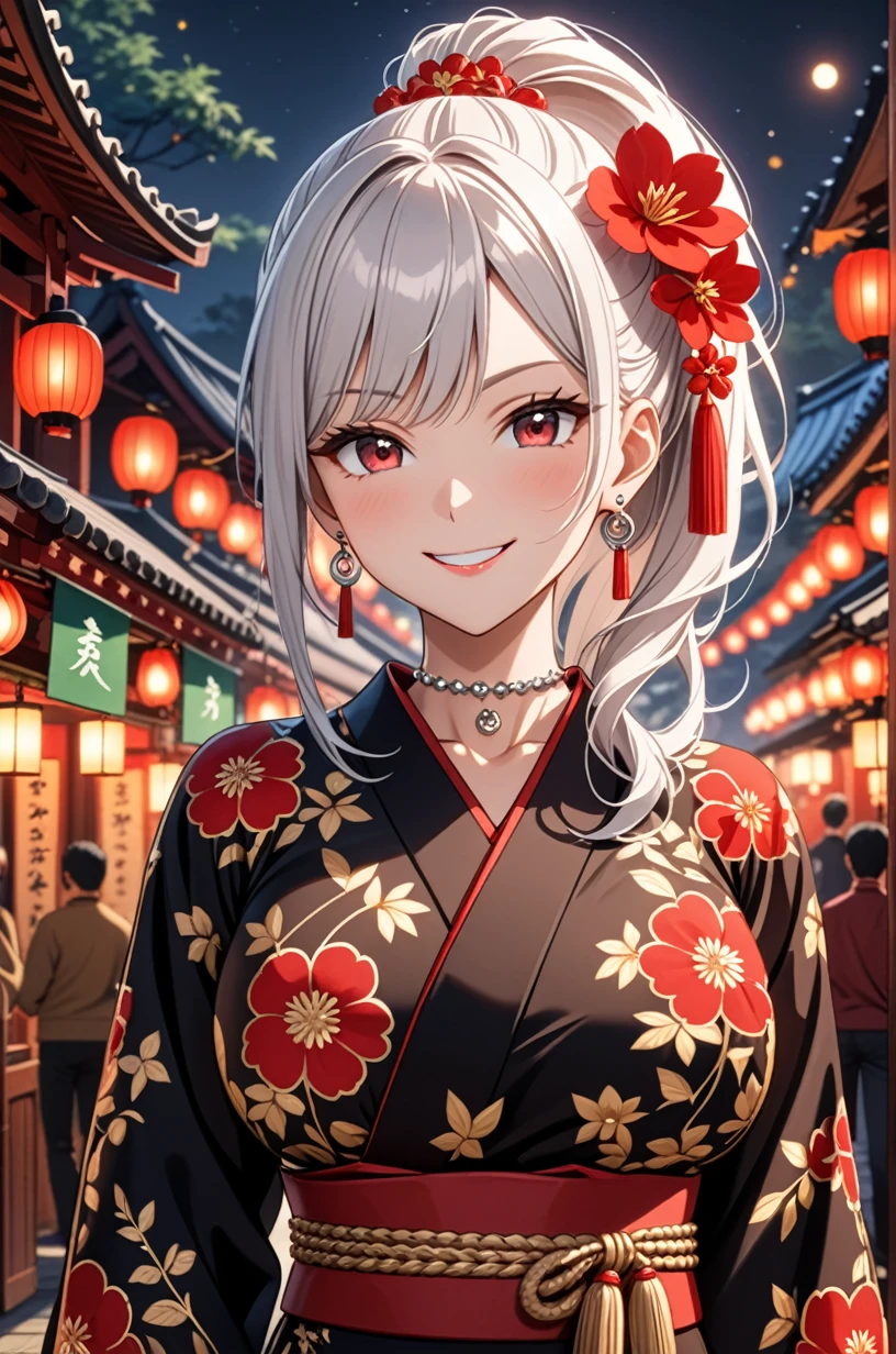 ((one girl)), hyper detailed, absurdres, 8K,Cute face, (Laugh shyly), ((teasing smile:1.8)), ((Wink:1.8)), (Laugh with your mouth wide open:1.3),(Tilt your head:1.3), View your viewers, ((Bright red cheeks:1.6)),Glossy Red Lips, ((Big Breasts:1.4)) night, Shrine festival stalls, (Brighten your face), ((Anime style background)),masterpiece, Highest quality, so beautiful,Latest, Complex details, (Pink long nails), (nail art), (ring),(bracelet), (helix piercing:1.7), (Floral Choker),AI-generated, Complex,High resolution, Highest quality, super high quality,3D Images、3D Images,One person,Long white hair,(High Ponytail), Anime woman posing for a photo,((silver eyes:1.6)), ((Fine grain、blue eyes、Shining Eyes:1.3)), (Squint your eyes:1.1),a hyperRealistic , hyperRealistic , Realistic,Anime woman with long white hair, Smooth anime CG art, With gold embroidery、A girl in a gorgeous kimono, ((Black long sleeve kimono:1.3)),(Red large floral pattern) ,Long flower hair ornament,Floral Earrings,Mature Body, expensive,Abdominal muscles,Tight waist,((face focus:1.6)), (front view),