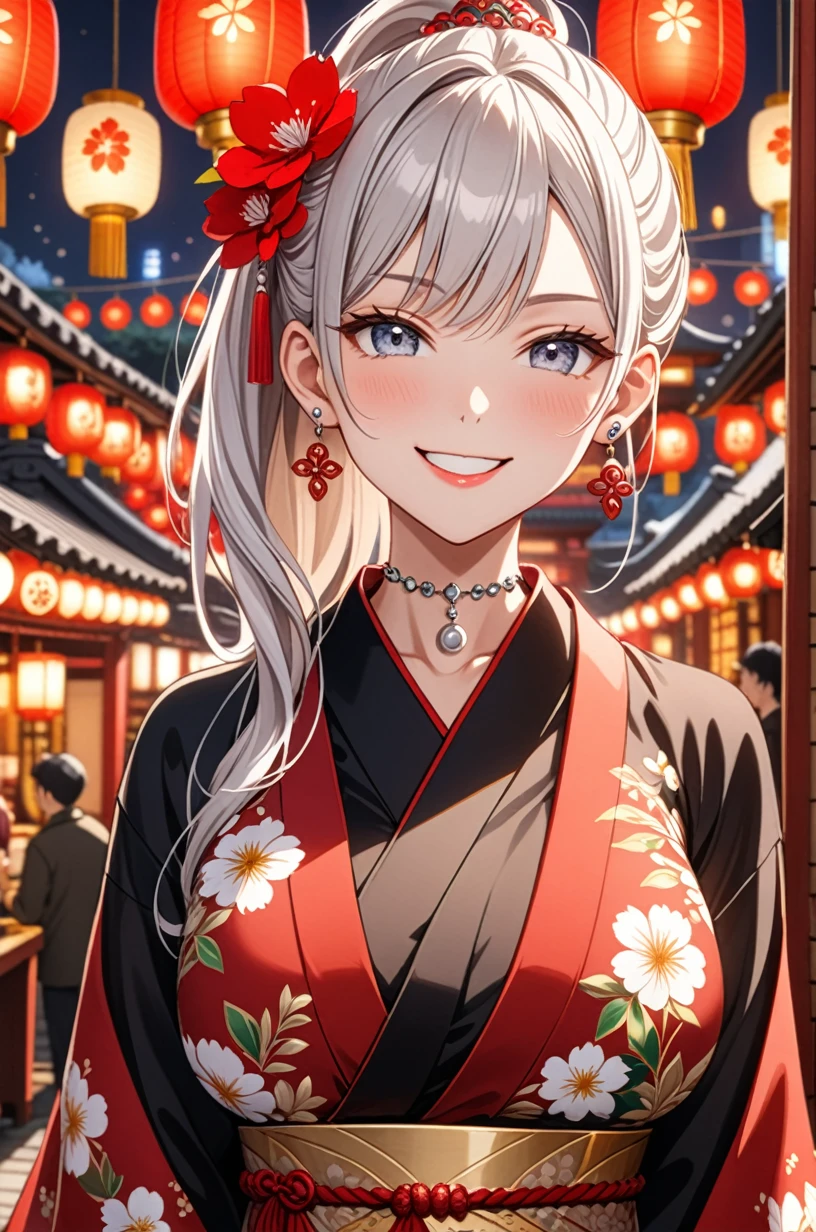 ((one girl)), hyper detailed, absurdres, 8K,Cute face, (Laugh shyly), ((teasing smile:1.8)), ((Wink:1.8)), (Laugh with your mouth wide open:1.3),(Tilt your head:1.3), View your viewers, ((Bright red cheeks:1.6)),Glossy Red Lips, ((Big Breasts:1.4)) night, Shrine festival stalls, (Brighten your face), ((Anime style background)),masterpiece, Highest quality, so beautiful,Latest, Complex details, (Pink long nails), (nail art), (ring),(bracelet), (helix piercing:1.7), (Floral Choker),AI-generated, Complex,High resolution, Highest quality, super high quality,3D Images、3D Images,One person,Long white hair,(High Ponytail), Anime woman posing for a photo,((silver eyes:1.6)), ((Fine grain、blue eyes、Shining Eyes:1.3)), (Squint your eyes:1.1),a hyperRealistic , hyperRealistic , Realistic,Anime woman with long white hair, Smooth anime CG art, With gold embroidery、A girl in a gorgeous kimono, ((Black long sleeve kimono:1.3)),(Red large floral pattern) ,Long flower hair ornament,Floral Earrings,Mature Body, expensive,Abdominal muscles,Tight waist,((face focus:1.6)), (front view),