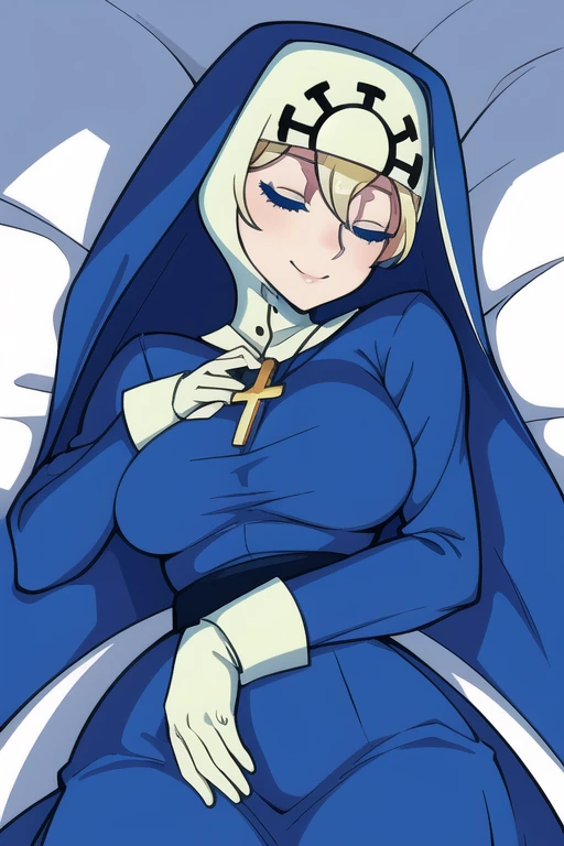 Double, short blonde hair, medium breasts, solo, smiling, cowboy shot, closed eyes,
blue habit, cross necklace ,white gloves, long sleeves, nun, long skirt
(insanely detailed, beautiful detailed face,beautiful detailed eyes, masterpiece, best quality) room, bedroom, lying down
