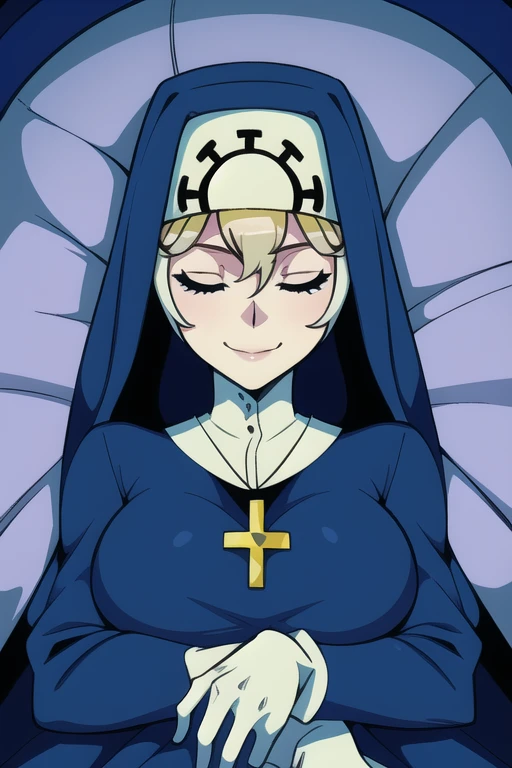 Double, short blonde hair, medium breasts, solo, smiling, cowboy shot, closed eyes, 
 blue habit, cross necklace ,white gloves, long sleeves, nun, long skirt
(insanely detailed, beautiful detailed face,beautiful detailed eyes, masterpiece, best quality) room, bedroom, lying down 