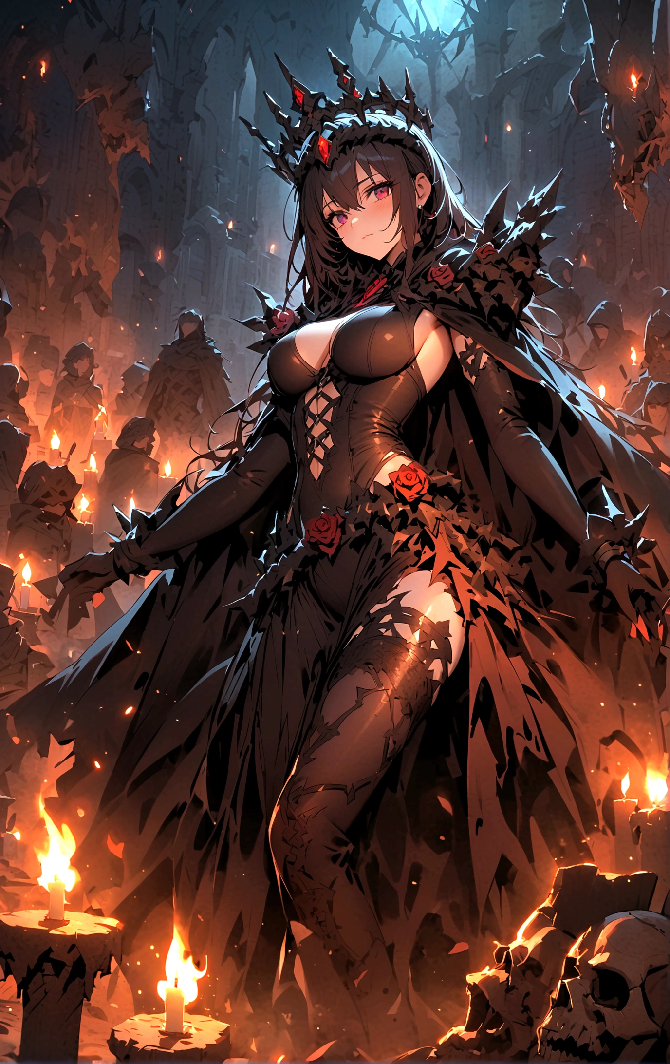 Queen,(Sexy women),Dark Abyss, ,Black cloak,Crown of thorns,Broken clothes,Thorn rose,Broken tombstones,Candle,Dark atmosphere,wasteland,only one person,night,Blue Ghost Fire