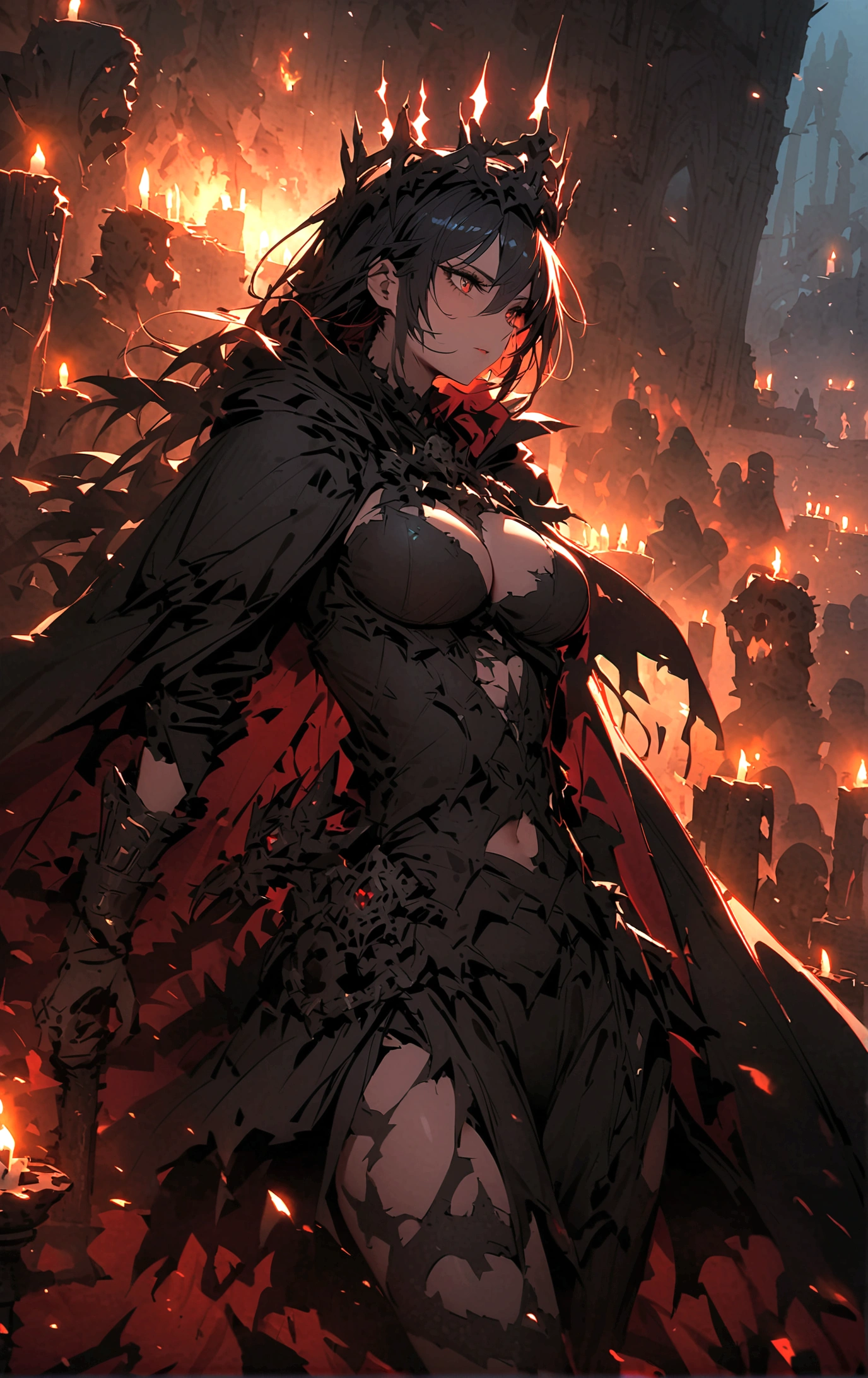 Queen,(Sexy women),Dark Abyss, ,Black cloak,Crown of thorns,Broken clothes,Thorn rose,Broken tombstones,Candle,Dark atmosphere,wasteland,only one person,night,Blue Ghost Fire