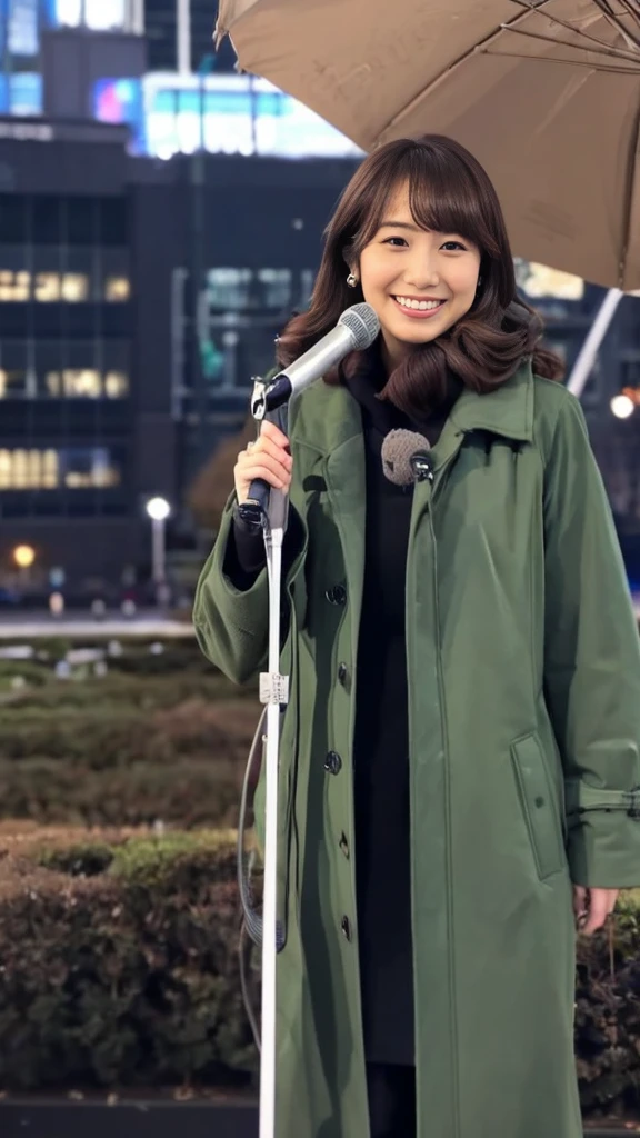 A real-life photo of a cute Japanese weather forecaster wearing a closed coat,Medium Hair, pumps,A girl broadcasting live with a microphone,Broadcasting with a microphone outdoors in Tokyo in winter,Standing in front of Tokyo Station,wearing pumps and black tights,masterpiece,ultra detail face,genuine photo,realistic