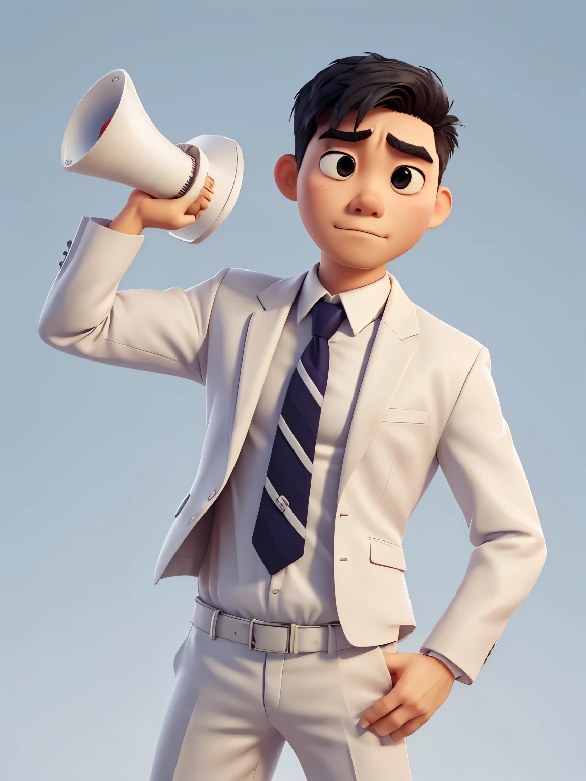 clean background, sad facial expression, sorrow and sad asian male (holding megaphone), tons of detail and 8K resolution, eyes should be small and expressive, small eyes, wearing a white suit with tie