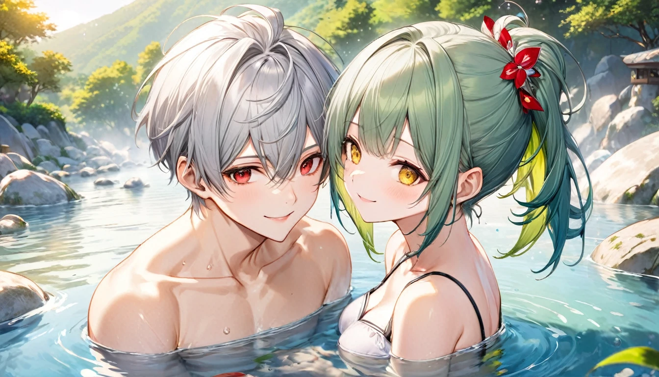 (relax bathing style) (a  yo, crew cut silver hair very short hair divine fighter boy, cool red eyes) and (a 15o, green ponytail hair long hair cute girl, cute yellow eyes, love smile, medium tits), break,  (in the very large natural hot spring, background nature), BREAK, perfect anatomy, masterpiece, best quality, 16k, beautiful detailed grow, daydreaming expression.