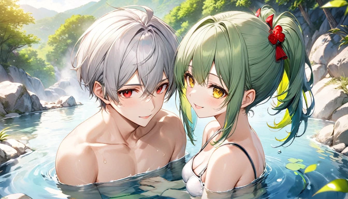 (relax bathing style) (a  yo, crew cut silver hair very short hair divine fighter boy, cool red eyes) and (a 15o, green ponytail hair long hair cute girl, cute yellow eyes, love smile, medium tits), break,  (in the very large natural hot spring, background nature), BREAK, perfect anatomy, masterpiece, best quality, 16k, beautiful detailed grow, daydreaming expression.