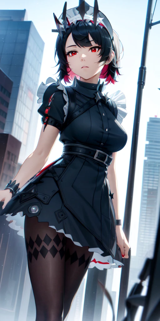 Anti-Joe, Ugly Joe, Black Hair, Colored undercoat, multicoloRed hair, (Red Eyes:1.3), Red hair, short hair, Two-tone hair,
rest bapron, black Pantyhose, black shirt, black skirt, ear punching, arrive, fish Tail, maid, maid apron, maid headdress, Pantyhose, punching, puffy Short sleeve, Puff sleeves, Shark Girl, shark Tail, shirt, Short sleeve, skirt, Tail, Two-tone hair, Wrist sleeves,
rest outdoors, City, Sky, cloud, sun, architecture, crowd, people, alley,
rest looking at viewer, (Cowboy shooting:1.5),
rest (masterpiece:1.2), best quality, high resolution, Unity 8K wallpaper, (illustration:0.8), (beautiful deTailed eyes:1.6), extremely deTailed face, Perfect lighting, extremely deTailed CG, (Perfect hands, Perfect anatomical structure),