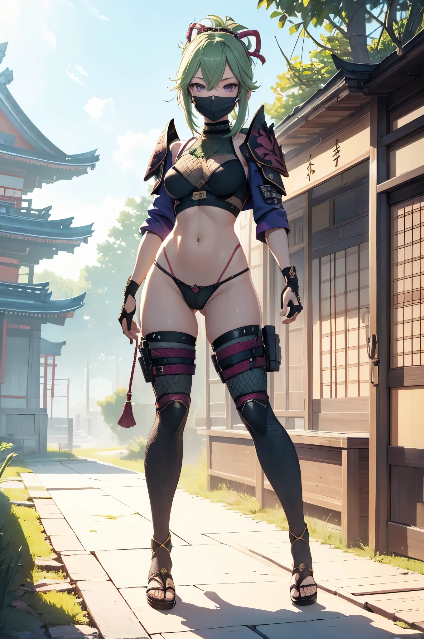 ((1girl, solo)), (((cowboy shot))), (legs apart:1.5), standing, beautiful body, ((perfect anatomy, perfect body, perfect legs)), (perfect hands:1.5), natural proportions, sexy body, (large breasts:1.5), (full body, full-body shot, full body front:1.5) BREAK
((extremely detailed face)), (beautiful detailed eyes:1.6), (realistic pupils, realistic iris:1), expressive eyes, looking at viewer, (clear eyes:1.3), (hyperrealistic:1.2), (detailed skin texture:1.2), smooth skin, kuki shinobu, purple eyes, green hair, ((mouth mask)), perfect face, perfect eyes BREAK
ninja, (fishnet top:1.5), (crop top:1.5), cleavage, (cropped jacket:1.5), (shoulder armor:1.5), (arm guard:1.5), partially fingerless gloves, midriff, black panties, ((black thighhighs)), (((greaves))), sandals, (revealing clothes:1.5), (japanese armor:1.5), (samurai armor), (highleg panty straps:1.4), tassel, thighs, ass visible through thighs BREAK
outdoor, day, japanese building, east asian architecture BREAK
(masterpiece:1.5), anime-style, top quality, best quality, (beautiful and aesthetic:1.2), (ultra detail:1.5), Ultra-detailed depiction, Ultra-precise depiction, extremely detailed 8k illustration, high resolution, (highly detailed shading:1.2), (realistic lighting:1.4), perfect lighting, vibrant colors, dynamic tones, striking hues, 8k, absurd resolution, perfect shadows, hdr, UHD, ambient lighting, realistic, ultra-realistic, photo realistic, highly detailed, rich detail, luminous colors, fine texture, intricate design, professional illustration, (soft light:1.2), (illustration:0.7)