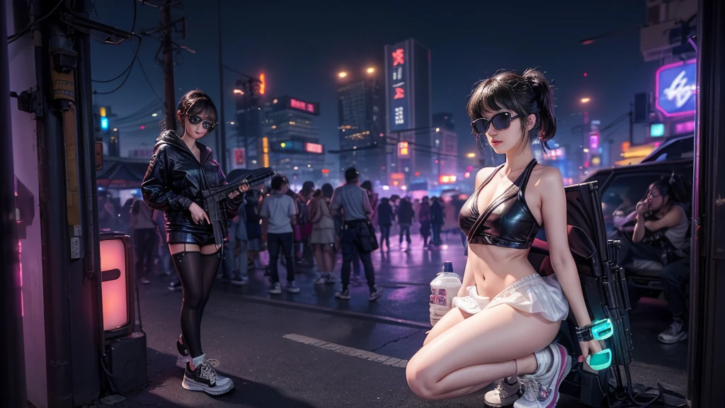 8k, Realistic Skin Texture, Realistic Photo, Neo Tokyo, slim Japanese women, large-breast:1.3 cleavage:1.2, AD2050 at night, Dirty hunting jacket, Wearing tube top, miniskirt, (((black sunglasses, automatic rifle, sneakers, cold, shooting pose, low angle view))), Innovative composition, revenge, cyberpunk, blade runner worldview, Large neon sign, Geisha hologram sign, Strong Wakamoto Sign.