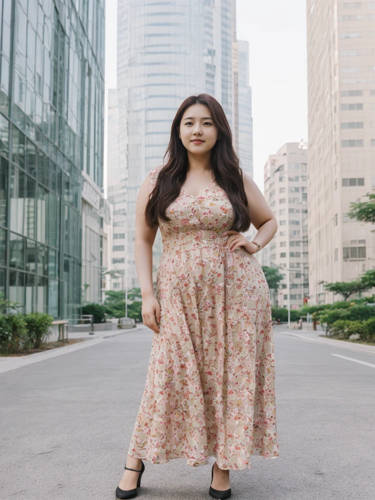 Sandara Park, her name is Akira, high quality, 1girl, ((25-year-old chubby asian woman)), ((25 years old)), (((curvy body))), SHORT BOB, pose: standing, wearing stylish fashionable sundress Generation-Z modern wear different colored, adorable, cute BACKGROUND: city