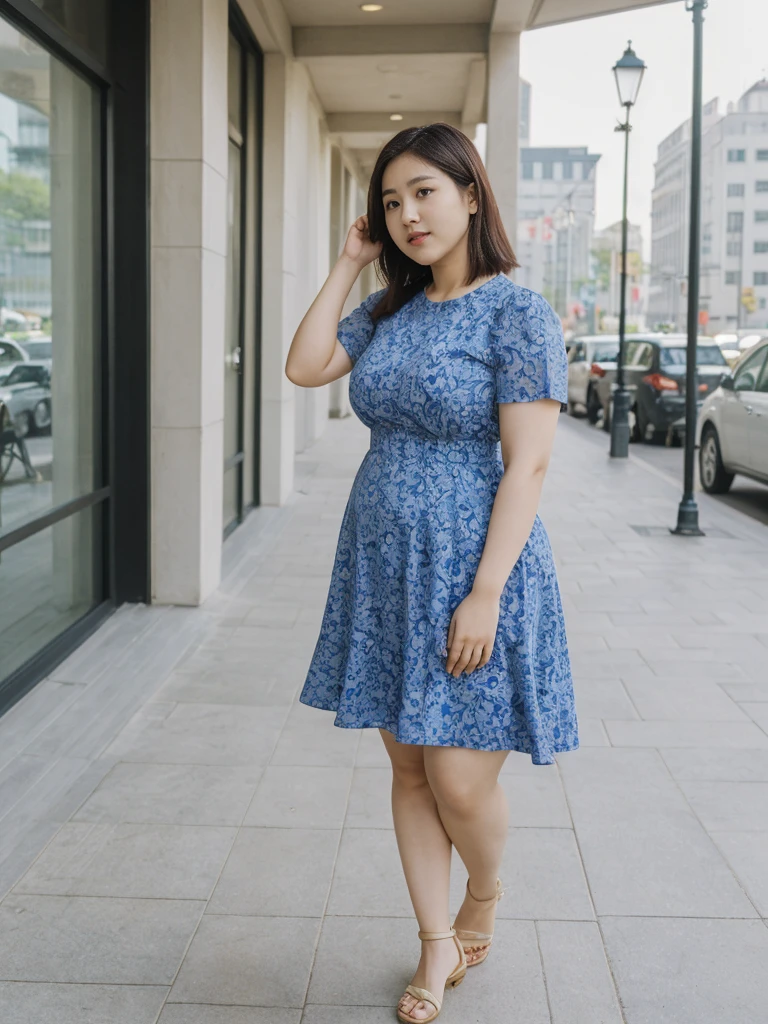 Sandara Park, her name is Akira, high quality, 1girl, ((25-year-old chubby asian woman)), ((25 years old)), (((curvy body))), SHORT BOB, pose: standing, wearing stylish fashionable sundress Generation-Z modern wear different colored, adorable, cute BACKGROUND: city