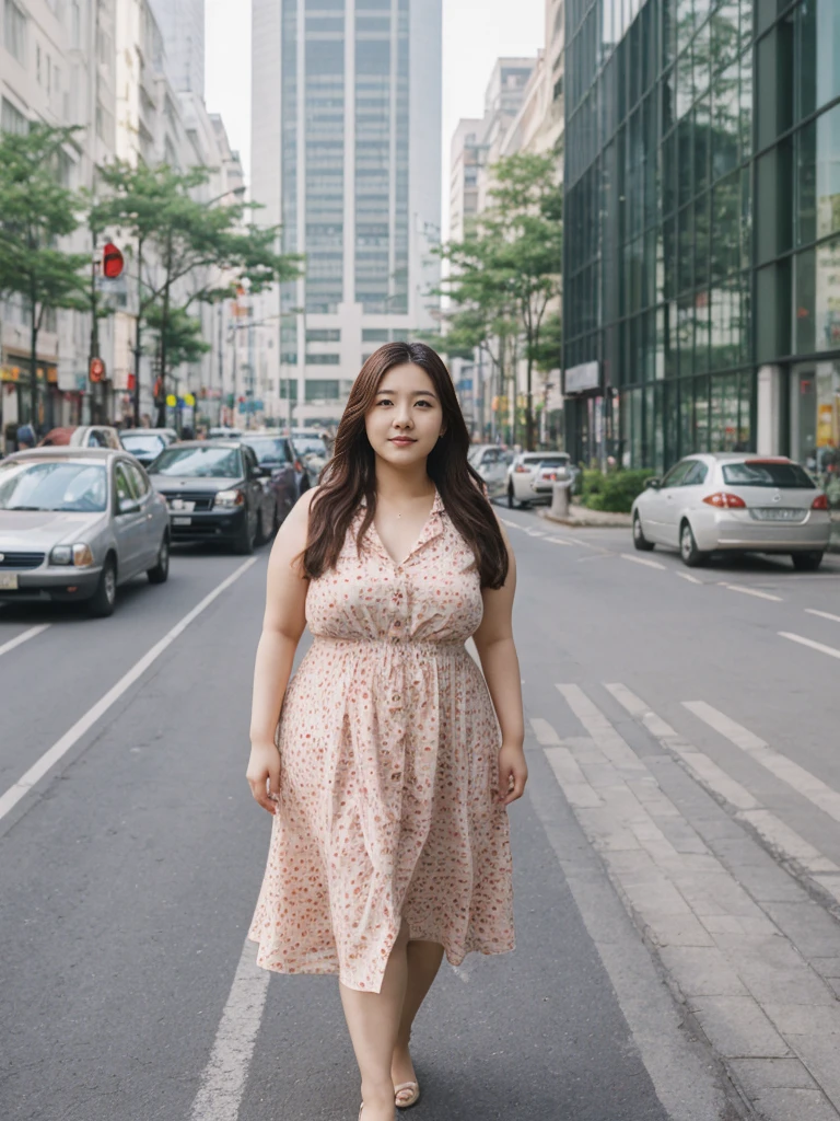 Sandara Park, her name is Akira, high quality, 1girl, ((25-year-old chubby asian woman)), ((25 years old)), (((curvy body))), SHORT BOB, pose: standing, wearing stylish fashionable sundress Generation-Z modern wear different colored, adorable, cute BACKGROUND: city