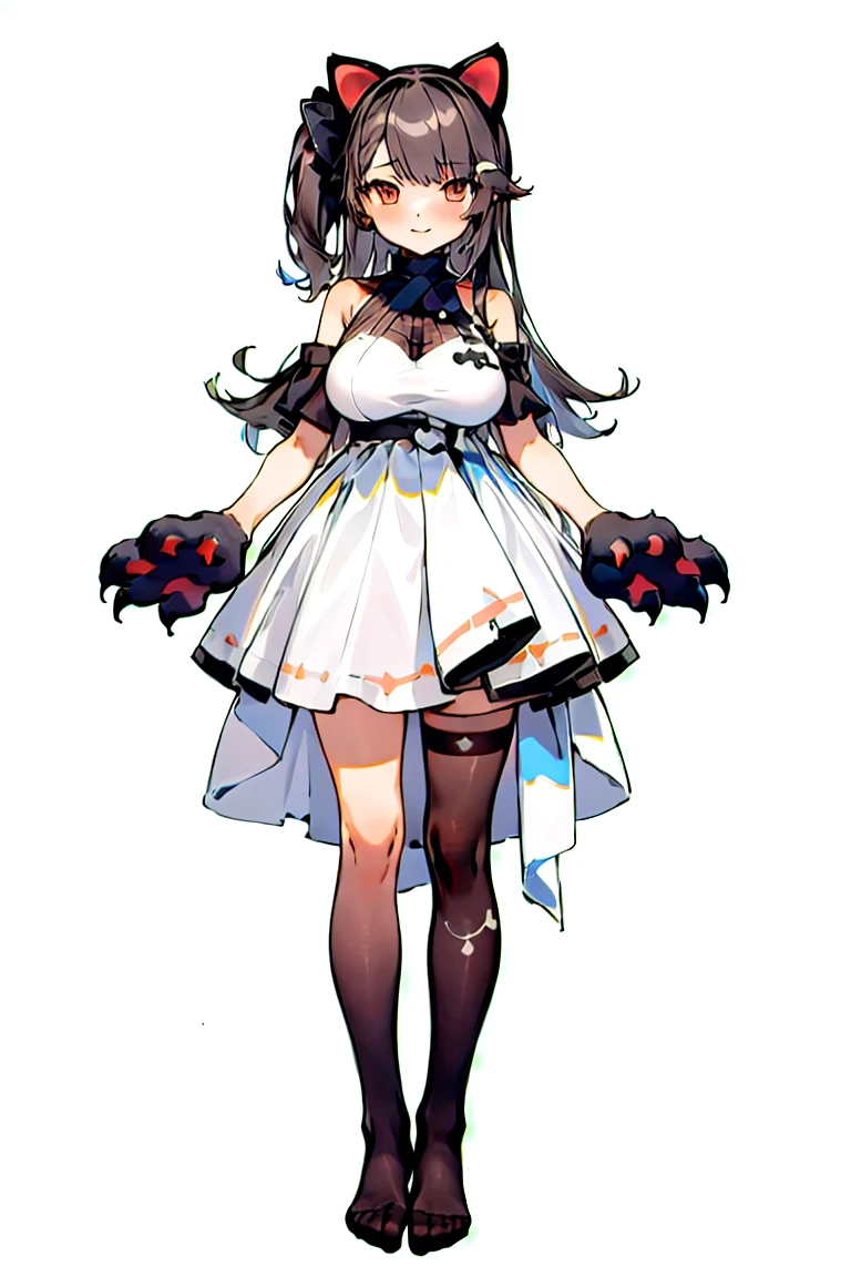 (masterpiece, Highest quality),One girl, alone,Large Breasts,  White Dress, marker, Animal Hands, 猫のfeet,Black legwear, No shoes, （Vtuber Standing Pictures）、（Standing picture on the front）、Shoulder Bare、feet、White Background, whole body