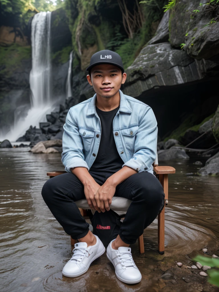 
Handsome Javanese Indonesian man (25 years old, oval and clean face, ideal body and neat, Indonesian skin, wearing a trucker jacket and black bag and sneakers, pose sitting on a folding chair, photography style photo facing front, there is a tent beside him, face visible, behind near the man there is a beautiful waterfall, bright ultra HD atmosphere, original photo, high detail, very sharp, 18mm lens, realistic, photography, Leica camera