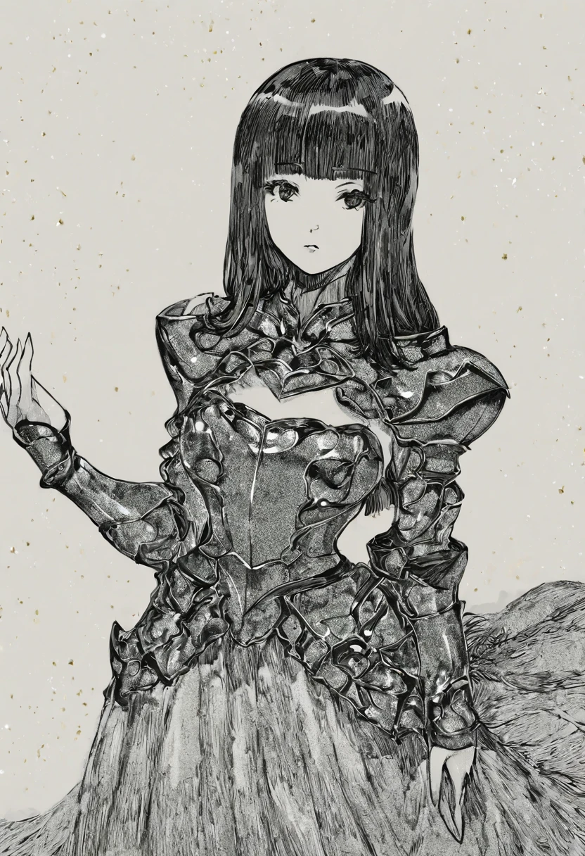 score_9, score_8_up, score_7_up, 1girl, sp1t, abundant detailed hatching shading, monochrome,best quality, high resolution, clean background, blunt bangs, straight hair, hime cut, A medieval female knight in luminous armor, (Luminescent armor:1.3), glitter with gold,
