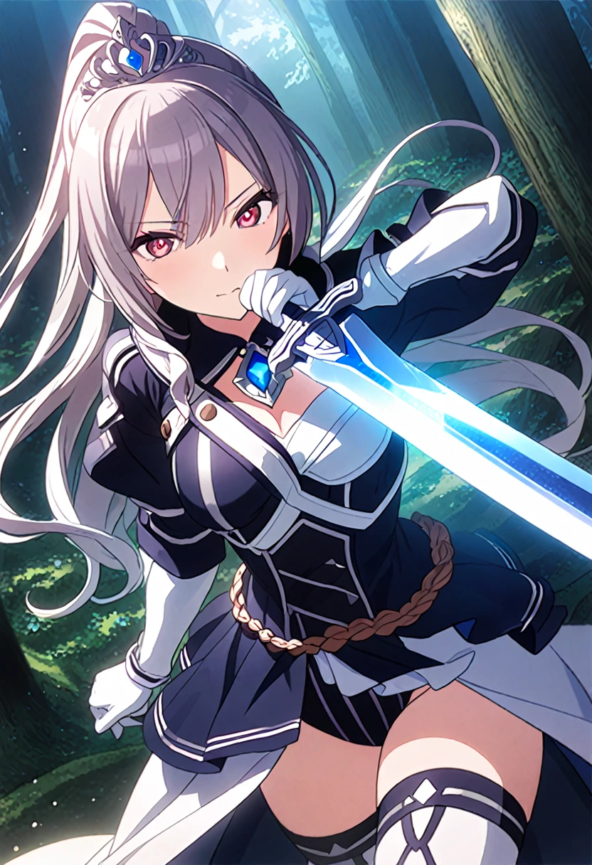 Highest quality、Very detailed、High resolution illustrations、Ultra-high-definition CG、８k size wallpaper、Production art、Light Novel Illustration、Sakuya Shirase、Midnight blue long ponytail、Platinum tiara with blue gemstones、Red eyes、(Tree Eyes), Cool and sharp features, Female magical warrior、white&gold breastplate、Blue and white leotard、(((With side armor and long slits、ブルーとwhiteゴールドで装飾されたペンシルスカート)))、Half puff sleeves with shoulder pads、A large white ribbon with a large sapphire on the chest、White and blue long gloves、White and blue thigh-high stiletto boots、whole body、She has a sword with a glowing blue blade.